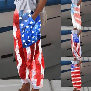 Calça Feminina Americana Estampada Bandeira dos EUA Estrelas e Listras Cintura Elástica Calça Flare Sexy Verão Moda de Rua L5