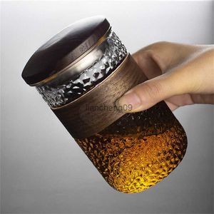 Japanese Style Heat-resistant Borosilicate Glass Tea Cup Set Wood Cover Transparent Tea Water Separation Filter Cup L230620