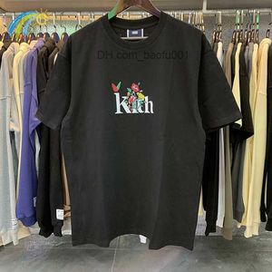 Camisetas Masculinas Camisetas Masculinas 2022SS Preto Branco Damasco Casual KITH Tee Masculino Feminino 1 Clássico Flower Bird Print Kith Camiseta Solta Manga Curta Com Etiqueta T221130 Z23628