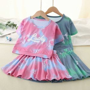 Summer New Girls 'Tie Dyed Sleeve Short Fashion Set a due pezzi Gonna sportiva per bambini da media a grande per bambini ragazze autunno abbigliamento ragazzi set