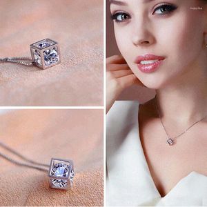 Pendant Necklaces Modern Crystal Clear Rhinestone Simulated Diamand Inside Hollow Cube Fashion Silver Plated Necklace For Women