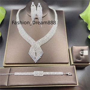 2023 White non tarnish Tassels fashion rhinestone necklace earrings stainless steel jewelry set for woman