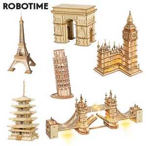 3D -pussel Robotime 3D Träpusselspel Big Ben Tower Bridge Pagod Byggnadsmodellleksaker för barn Barn födelsedagspresent 230627