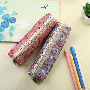 Bags free shipping 20pcs Floral lace cylinder zipper cloth pen case pencil bag canvas large capacity zipper bag