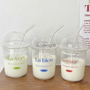 Ins French Style Heat-resistant Glass Bobo Cups with Glass Straw Large Capacity Clear Coffee Milk Water Tumbler with Glass Cover L230620