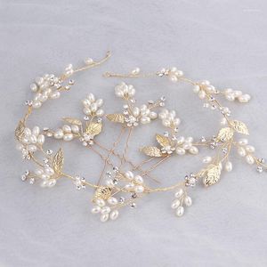 Hair Clips Gold Color Leaf Pins Bridal Headband Pearls Wedding Jewelry Vine Women Accessories Headwear