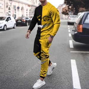 Mens Tracksuits gula leende XXOO -mönster Män långärmade byxor 2 -stycken Set 3D Tryckt vintage rund hals andningsbar högkvalitativ kostym 230627