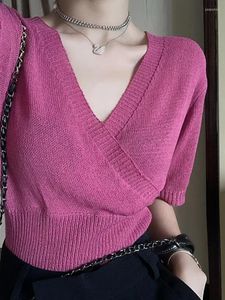 Women's T Shirts Chikichi Korean Knitted V-neck Cross Waist Short Sleeve Top 2023 Summer Thin Pink For Women High Strecth