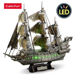 3D Puzzles Cubicfun 3D Puzzles Green LED Holender piracki Model 360 sztuk Zestawy Oświetlenie Budynek Ghost Prezenty na żaglówkę dla dorosłych 230627