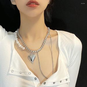 Anhänger Halsketten Legierung Unregelmäßiges Design Liebe Perle Doppel Halskette Frauen Übertrieben Dicke Kette Herz Süße Kühle Schlüsselbein