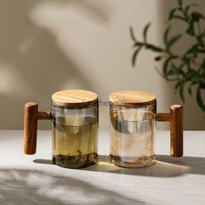 Caneca de café de vidro estilo japonês copo de esmalte chá caneca de cerveja com alça de madeira copo de água utensílios para escritório em casa garrafa de água L230620