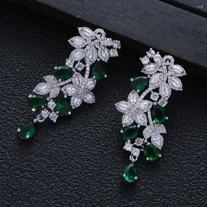 Висячие серьги несоответствие роскошный цветок модный зеленый кубический цирконий американская свадьба серьги ювелирные изделия для женщин E5481