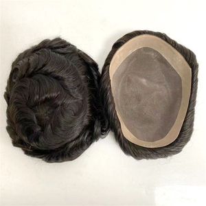 Indian Virgin Human Hair Replacement #1B Black 32mm Wave 6x9 Mono Spets med NPU Toupee för vita män