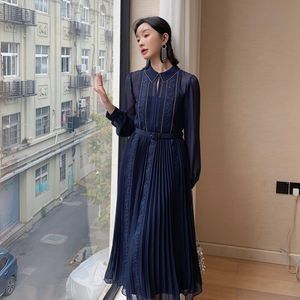 AUTH Self Portrait Navy Blue Polo Vintage Pleated Large Swing Long Dress Delivery Belt