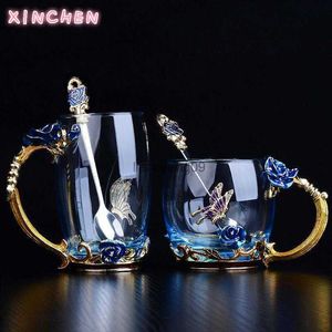 New Rose Enamel Crystal Cup Flower Tea Glass High-grade Glass Water Cup Flower Mug with Handgrip Perfect Gift for Lover Wedding L230620