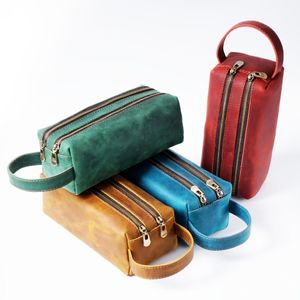 Bags Handmade Genuine Leather Pencil Bag Vintage Double Layer Design Zipper Pen Case Cowhide School Bag Large Capacity Storage Pouch