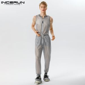 Men's Jeans 2023 Men Jumpsuits Mesh Transparent Zipper Oneck Sleeveless Drawstring Rompers Streetwear Sexy Fashion Male Overalls INCERUN 230628