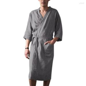 Indumenti da notte da donna Accappatoi da uomo in lino tinta unita Kimono Accappatoio da sauna Pigiama Cardigan lungo stile giapponese