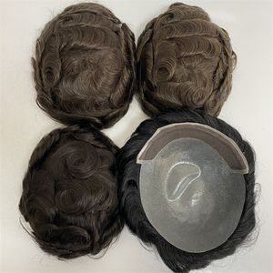 6 Inches Brazilian Virgin Human Hair Replacement #1b Black Color 32mm Wave BIO 8x10 Swiss Lace Front with Knots PU Toupee for White Man