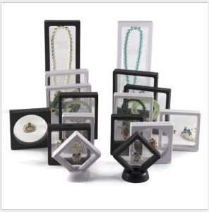 Clear 3D Jewelry Floating Frame Display Case Shadow Box con un supporto per stand Anelli Ciondolo Collana Monete Medaglie Presentazione Case Boxes