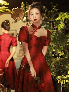 Ethnische Kleidung Puffärmel Chinesischer Stehkragen Qipao Vintage Knopf Cheongsam Toast Kleidung Frauen Stickerei Ballkleid Kleid