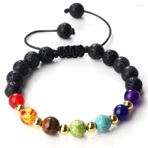 Strand Handmade 7 Chakra Beads Armband Reiki Healing 8mm Natural Tiger Eye Volcanic Lava Stone Smycken för kvinnor Män Balanserar armband