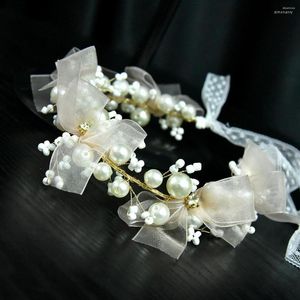 Klipsy do włosów ręcznie robione jasnoróżowe kwiaty opaska Pearl Ribbon przędza
