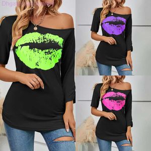 T-shirt feminina de verão com estampa de lábio manga curta t-shirts fora do ombro irregular moda tops finos preto casual plus size roupas femininas camisas xxxl