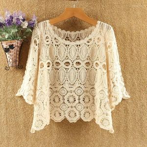 Women's Blouses 2023 Spring And Autumn Fashion Thin Round Neck Pullover All-match Short Cut Hollow Sleeve Casual Top Western Style