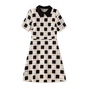 2023 Summer Black Plaid Dress Short Sleeve Lapel Neck Kne-Length Casual Dresses W3L049312