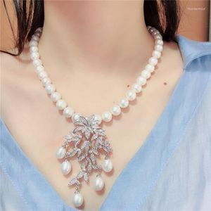 Chains Hand Knotted Natural 8-9mm White Freshwater Pearl Leaves Micro Inlay Zircon Accessoriese Clasp Sweater Necklace Long 45 Cm