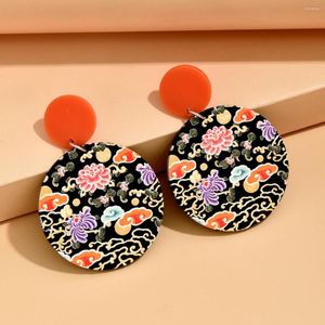 Stud Earrings Colorful Flower Acrylic For Women Girls Long Tassel Vintage Small Printed Dangle Trendy Jewelry Female