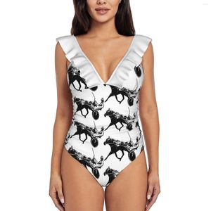 Women's Swimwear Harness Horse Racing Ruffled One-Piece Swimsuit Women Sexy Monokini Beach Bathing Suits