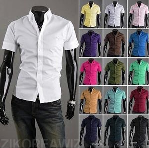 Camisas de vestido masculinas 16 cores verão poliéster homens sólidos casuais camisas de negócios versão coreana slim fit camisa de manga curta 230628