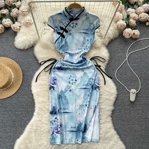 Günlük Elbiseler Çin Tarzı Cheongsam Elbise Kadın Yaz Niş Tasarım Çemberleme Oyulmuş Bel Seksi Mürekkep Boyama Uzun