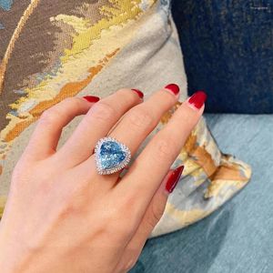 Cluster Rings Creative Paraiba Emerald Heart Shape Full Diamond Couple Ring Para Mulheres Turmalina Malaquita Azul Presente de Aniversário Jóias