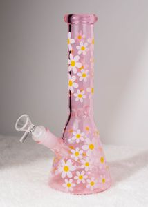 Pink Daisy Glass Bong Beaker Rökning Hosah Water Pipe Bubbler Percolator Bongs With Downstem 14mm Manlig tobakskål