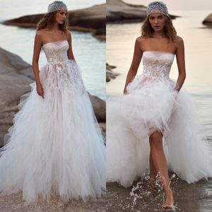 Boho Milla Nova A Line Dresses For Bride Strapless Tiered Skirt Wedding Dress Beads Floral Appliques Designer Bridal Gowns ppliques