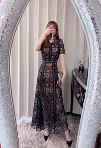 Auth S-elf Portrait Black Hand Hook Lace Vintage Style High Waist Round Neck Long Dress