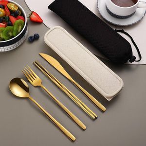 Flatware Sets Vintage Gold Knife Fork Spoon Chopsticks Stainless Steel Tableware Cutlery With Case Utensils For Kitchen Travel Camping