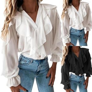 Kvinnors blusar Solid Color Ruffles V Neck Blus Elegant Puff Sleeve For Women Camouflage Pants Tops