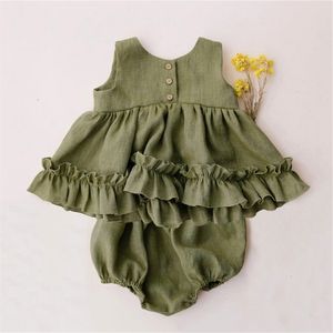 Conjuntos de roupas 2 peças roupas de bebê para meninas verão linho macio algodão criança boutique conjunto de roupas tops blusa bloomer roupas de bebê menina 230628
