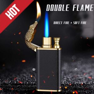 New Blue Flame Metal Crocodile Dolphin Double Fire lighter creative Direct Windproof Open Conversion Lighter, Man's Gift ZLF6