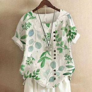 Women's Blouses Summer Oversize Blouse Leaf Printed Casual Loose Cotton Linen Short Sleeve Pullover Tops Shirts For Women Woman Tshirts