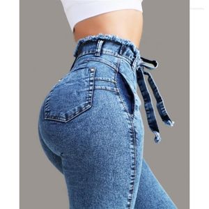 Kvinnors jeans 2023 Kvinnor Slim Fit Elastic Tassel Belt Solid High Waist Street Apparel Blue For Women