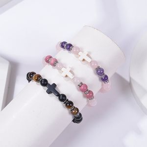 Natural Stone Tiger's Eye Rose Quartz bead bracelets Cross Elasticity Bracelet For Women Men Jewelry