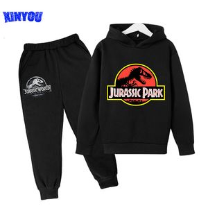 Camisetas 2 peças ternos Jurassic Park World Dinosaur moletom adolescente meninos outono moletons para crianças conjuntos de roupas kawaii meninas moletons 230627