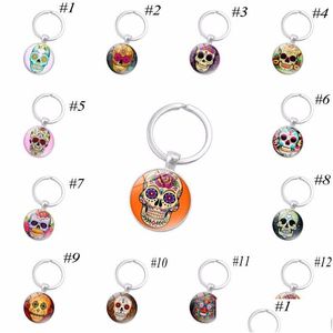 Keychains Lanyards Skeleton Time Gem Cabochon Key Chain Sugar Candy Skl Head Keyrings Pattern Ring Fashion Jewelry Gifts Drop Deli Dhmqy