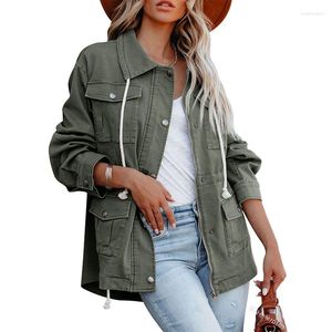 Women's Jackets Women Coat Lapel Long Sleeve Loose Zipper Green Solid Color Pocket Drawstring Casual Outdoor Spring And Autumn Temperament