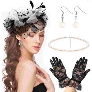 Bandanas White Mesh Head Flower Fascinator Hat Headband Party Lace Gloves Women Stud Earring Set Wedding Hair Accessories HatHair